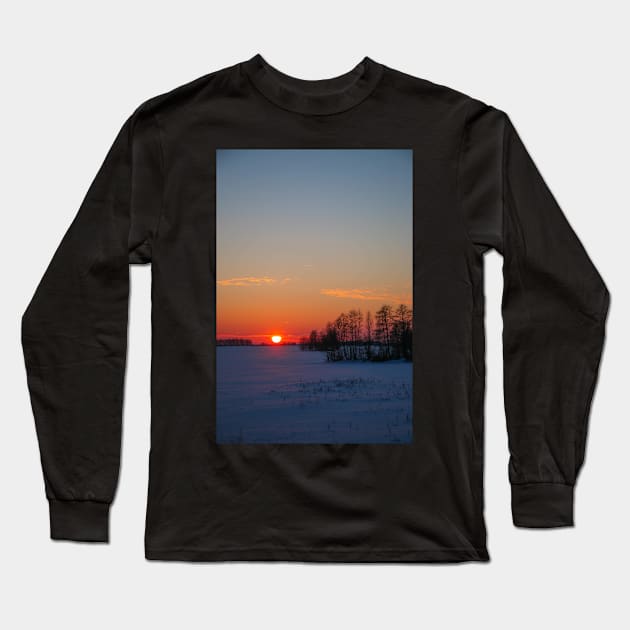 Sunset winter landscape with snow-covered road in violet and pink colors Long Sleeve T-Shirt by Olga Berlet